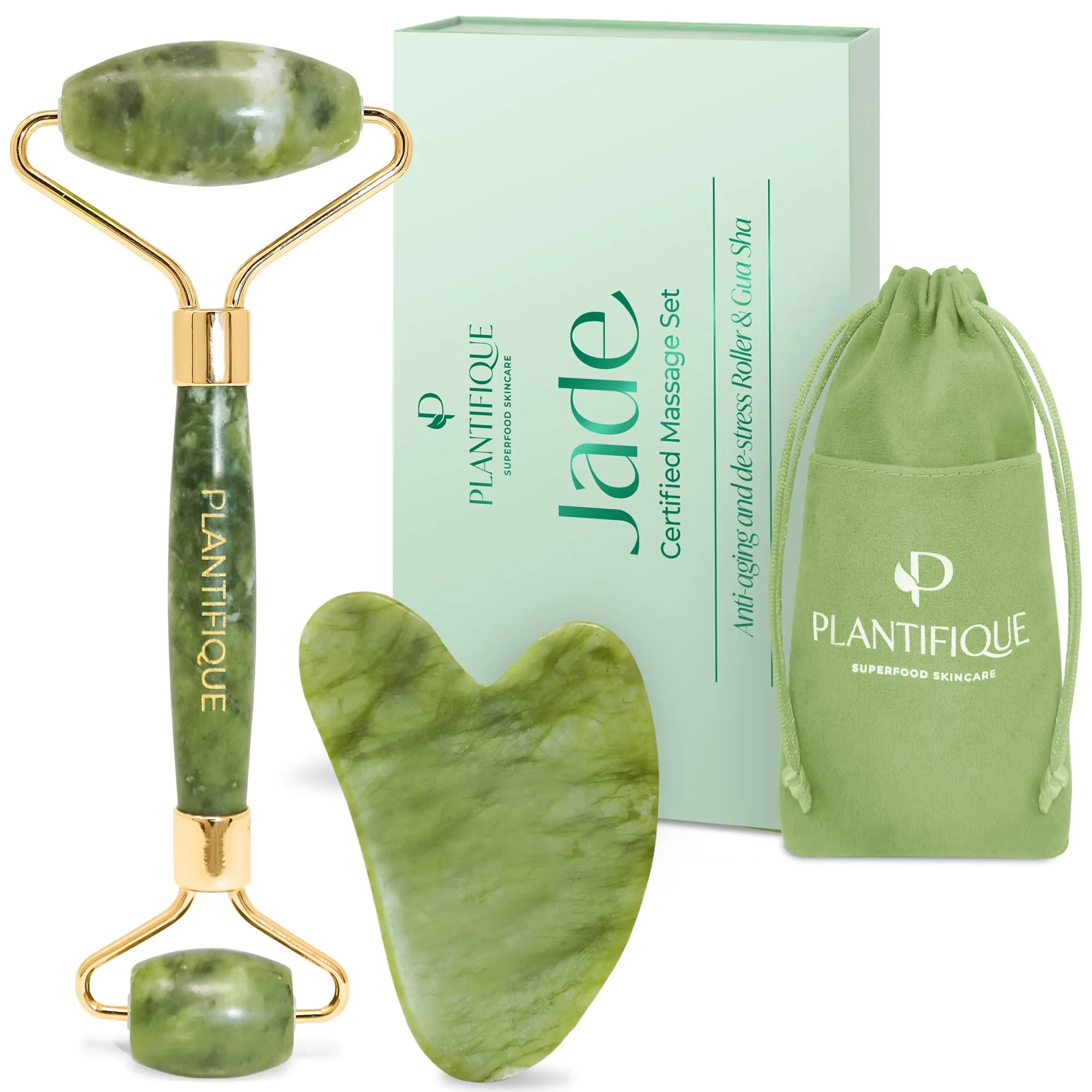 Plantifique Jade Roller for Face and Gua Sha Facial Tools Includes Real Jade Roller and Gua Sha Set