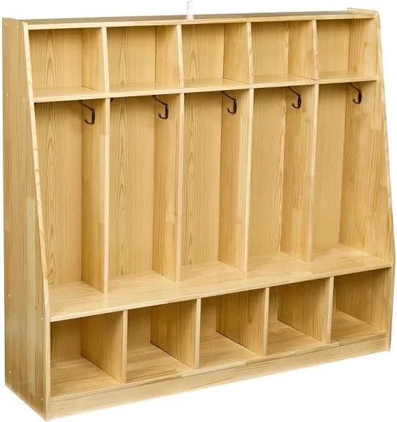 Amazon Basics Coat Locker Storage, 5-Section with Bench, 13"D x 54"W x 48"H, Natural-Pine Finish, For Classroom