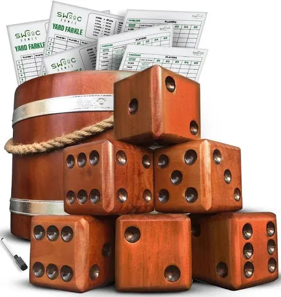 SWOOC Games - Yardzee, Farkle & 20+ Giant Dice Games (All Weather) Yard Dice with Wooden Bucket, 5 Scorecards & Marker - Jumbo Dice Yard Game - Extra Large Yard Games for Adults - Jumbo Lawn Games