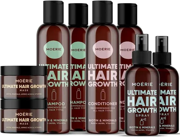 Moerie Shampoo and Conditioner Plus Hair Mask and Spray Mega Pack – The Ultimate Growth Care – For Longer, Thicker, Fuller Hair - Volumizing Products – Paraben & Silicone Free (Set of 4)