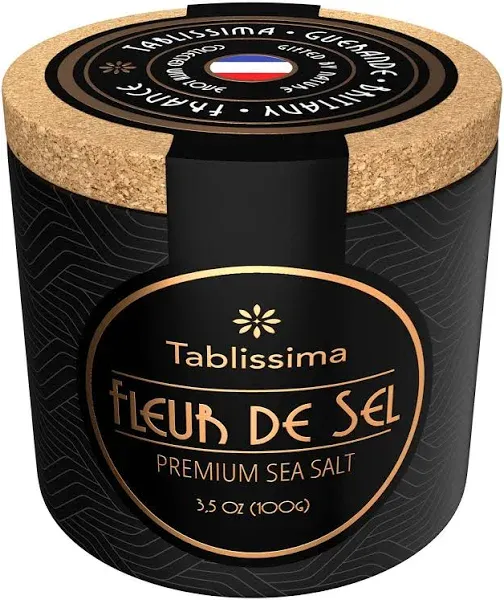 Fleur de Sel - Premium Sea salt from Guerande France - Flaky Sea Salt from the Celtic Sea - Salt Cork box and Wooden salt spoon included - 3.5 Oz (100g)