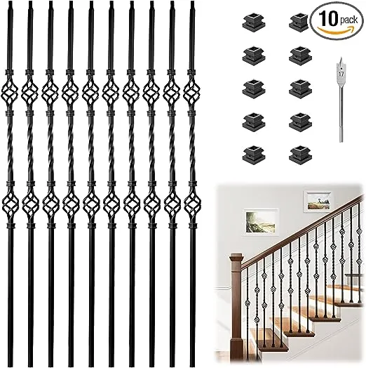 Muzata 10pack 44'' Wrought Iron Balusters for Staircase Interior Exterior Deck Black Double Basket Twist Hollow Metal Spiral Balusters Spindles Decorative Stair Parts, WT05