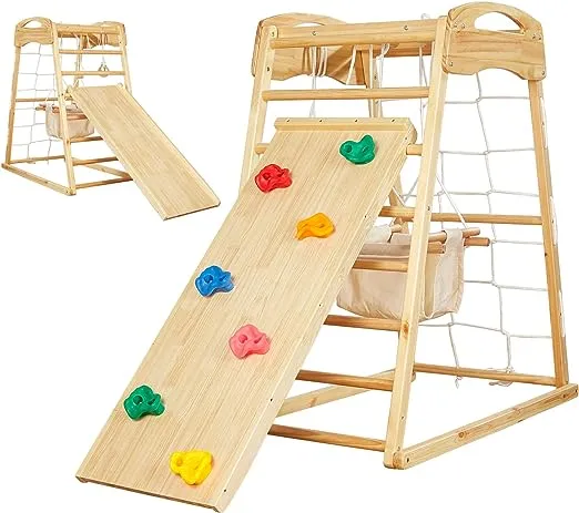 FUNLIO 7-in-1 Wood Indoor Playground for Toddlers 2-5, Montessori Climbing To...