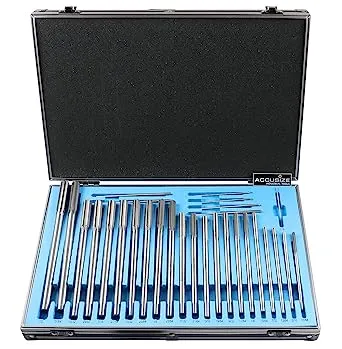 Accusize Industrial Tools 29 Pc Set 1/16 to 1/2 inch by 1/64 in HSS M2 Premium Chucking Reamers, Straight Flute, Aluminum Case, 5528-SF00