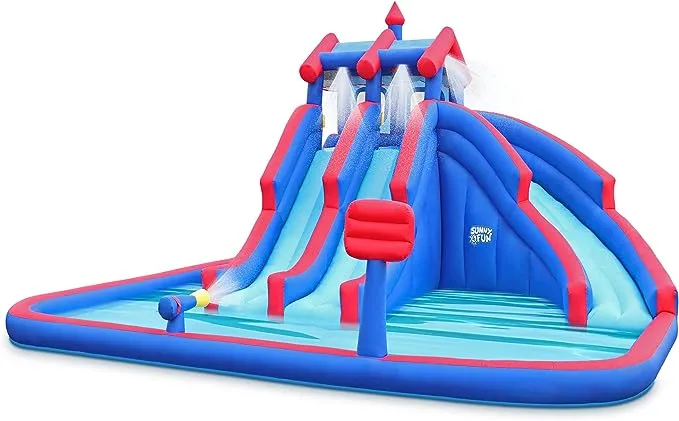 Sunny & Fun Mega Sport Inflatable Water Triple Slide Park – Heavy-Duty for Outdoor Fun - Climbing Wall, 3 Slides & Splash Pool – Easy to Set Up & Inflate with Included Air Pump & Carrying Case