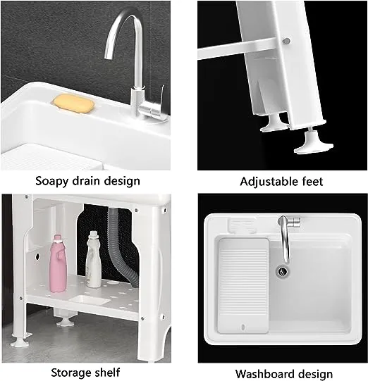 Freestanding Plastic Laundry Sink with Washboard, W25.4" × D22" × H31.5" Indoor and Outdoor Utility Sink with Cold and Hot Water Faucet, Hoses and Drain Kit for Laundry Room, Garage, Basement, Garden