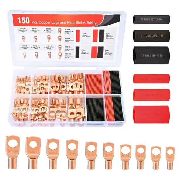 Nilight 150PCS Copper Wire Lugs and Heat Shrink Tubing 2 4 6 8 10 AWG Heavy Duty Battery Terminal Crimp Connectors 70 PCS Copper Lugs 80 PCS 3:1 Heatshrink Tubing Assortment Kit, 2 Years WarrantyNilight 150PCS Copper Wire Lugs and Heat Shrink Tubin…