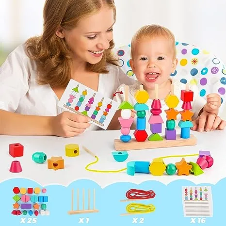 Montessori Wooden Beads Sequencing Toy Set Stacking Blocks & Lacing Beads & Matching Shape Stacker for 2 3 4 5 Year Old STEM Preschool Learning