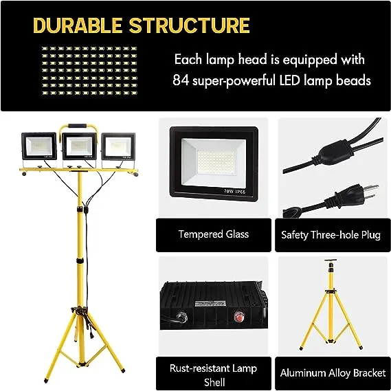 21000 Lumen Work Lights with Stand, 2 Adjustable Head LED Work Light, with 38.2"- 75.2" Adjustable and Foldable Tripod Stand, Waterproof Lamp with Individual Switch with 6500 Kelvin Color Temperature