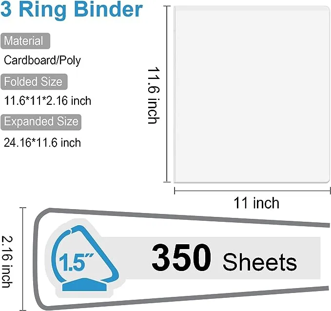 Comix Sturdy 1.5 inch D-Ring Binders,3 Ring Binder with Clear View Cover, Holds 350 Sheets of 8.5 inch x 11 inch Paper,6 Packs White