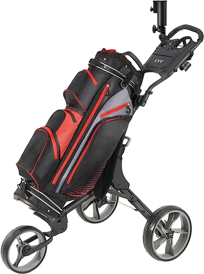 KVV 3 Wheel Golf Push Cart Ultra Lightweight Smallest Folding Size, New-Version Scorecard Holder