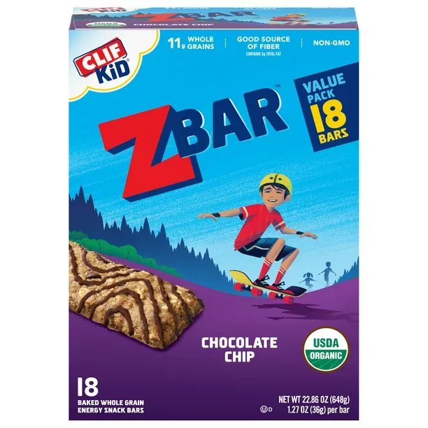 CLIF Kid Zbar - Chocolate Chip - Soft Baked Whole Grain Snack Bars - USDA Organic - Non-GMO - Plant-Based - 1.27 oz. (18 Pack)