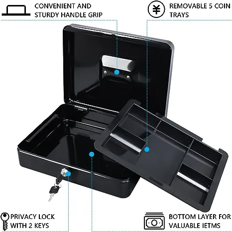 Kyodoled Metal Cash Box with Money Tray and Lock