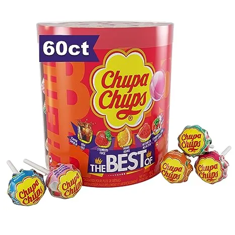 Chupa Chups Candy Lollipops, 5 Assorted Flavors, Drum Display for Parties Office Concessions, 60 Count Drum