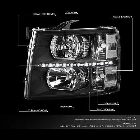 DNA Motoring LED DRL Strip Headlight for Chevy Silverado 1500 2500 3500 (2007 to 2014)