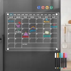 Acrylic Magnetic Dry Erase Calendar Board for Fridge, 16"x12" Clear Monthly Calendar Planner Board for Refrigerator, Reusable Portable Calendar Whiteboard Memo Planning Boards