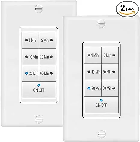 1875 Watt 7 Button Countdown Timer Switch, Maximum 60 Minutes Delay, ½ HP Perfect for Bathroom Exhaust Fans, Wall Plate Included (2 Pack)