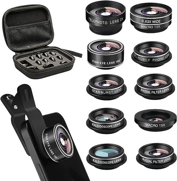 Cell Phone Camera Lens Kit,11 in 1 Super Wide Angle+ Macro+ Fisheye Lens +Telephoto+ CPL+3/6 Kaleidoscope+Starburst/Radial/Soft/Flow Filter Lens Compatible for iPhone X/8/7/6s/6 Plus, Samsung,Android