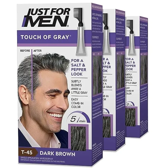 Just For Men Touch of Gray, Mens Hair Color Kit with Comb Applicator for Easy Application, Great for a Salt and Pepper Look - Dark Brown, T-45, Pack of 3Just For Men Touch of Gray, Mens Hair Color Kit with Co…