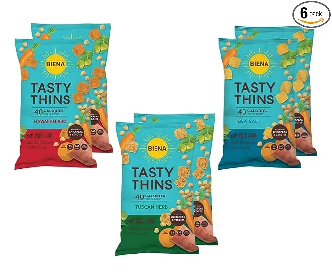 Biena Tasty Thins Chickpea Veggie Chips – Variety Pack of 6, 2 Bags of Each ...