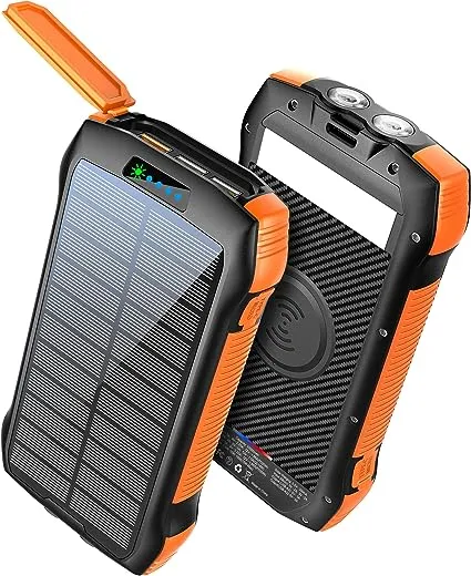 Solar Power Bank, MOSKIZ Portable Charger 33500mAh QC3.0 18W PD 20W Fast Charging, Portable Phone Charger with 10W Wireless 5 Outputs IP67 Waterproof 6W Bright Flashlight for iPhone Samsung etc.