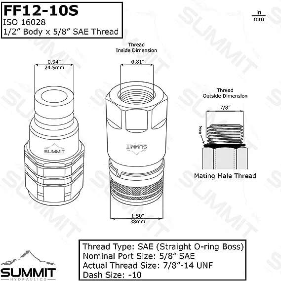 Summit Hydraulics 5/8" SAE -10 Flat Face Hydraulic Quick Connect Couplers/Couplings Set with Dust Caps