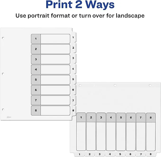 Avery 8 Tab Dividers for 3 Ring Binders, Customizable Table of Contents, Classic White Tabs, 6 Sets (11822)