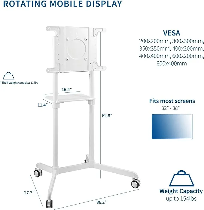 Vivo White Mobile Portrait to Landscape TV Cart for 32" to 88" Flat Screens