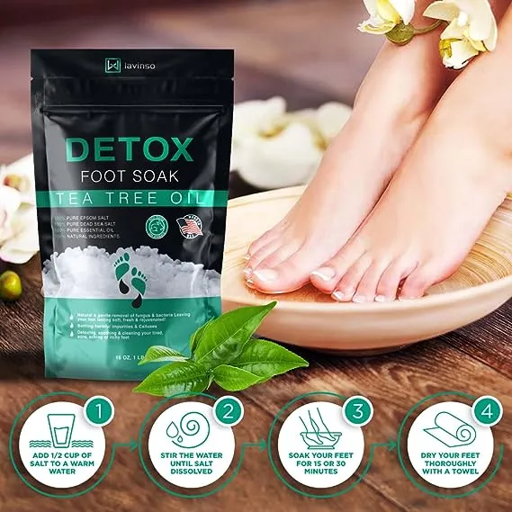 Tea Tree Oil Foot Soak with Epsom Salt - Made in USA - for Toenail Fungus, Athletes Foot, Stubborn Foot Odor Scent, Fungal, Softens Calluses & Soothes Sore Tired Feet - 1 LB