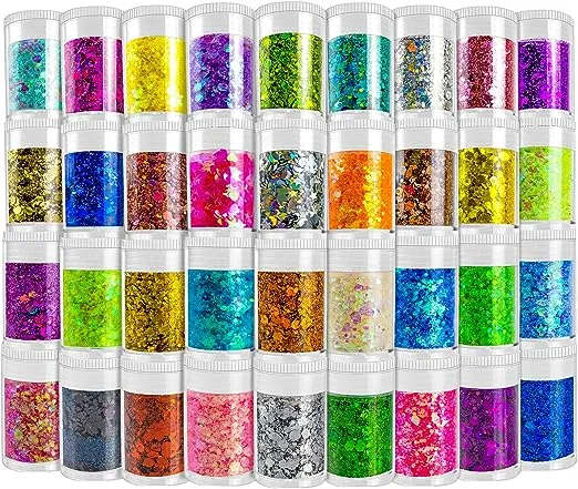 Holographic Chunky and Fine Glitter Mix, 45 Colors Festival Chunky Sequins & Fine Glitter Powder, Iridescent Glitter Flakes, Cosmetic Face Body Eye Hair Nail Art Resin Tumbler Glitter Loose Glitter