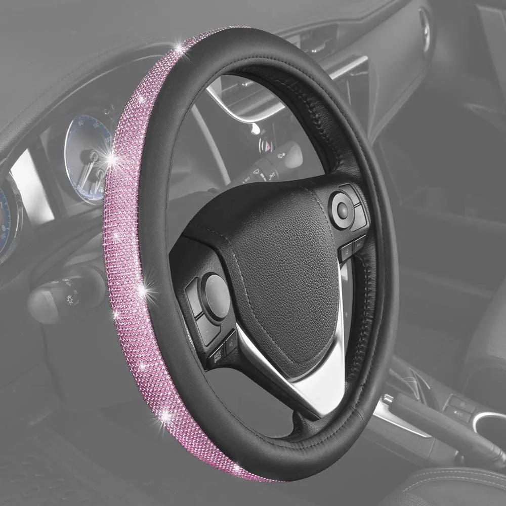 Bdk Bling Bling Diamond Leather Steering Wheel Cover with 9 Rows Crystal Rhinestones, Universal Fit 14.5-15.5 Inch for Women / Girls (Pink)