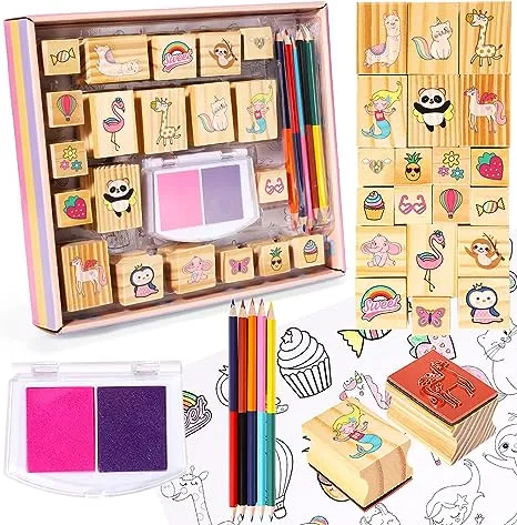 Unicorn Wooden Stamp and Sticker Set for Girls, Unicorn, Mermaid, Panda, Alpaca, Sloth, Cats, Rainbow, Butterfly Stamps, Activity Craft Set for Girls