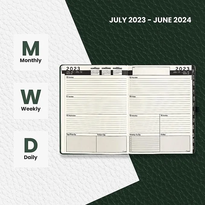 ENSIGHT - 2023-2024 Daily Leather Planner Weekly Monthly - Large Leather Academic Planner Men or Women 8.5x11, Business Personal or Student with Pen Holder, Bookmark, Notes Pages, Thick Paper, Runs July 2023 - June 2024 (GREEN)