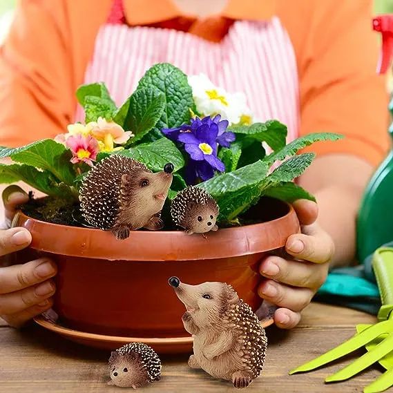 Toymany Hedgehog Figurines Garden Statues, 4PCS Plastic Realistic Jungle Forest Jumbo Zoo Animals Toy Figures, Cake Topper Party Favor Flowerpot Plants Decor Terrarium Ornaments