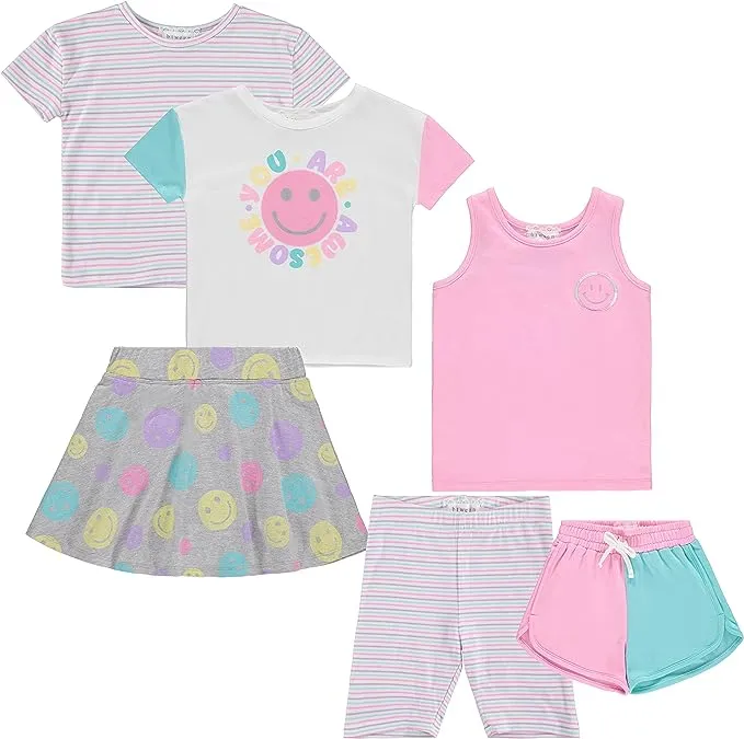 BTween Girls 6-Pack Casual Outfit Bundle with Ruffle Sleeve Tees, Peplum Tank Top, Skirt, Dolphin and Biker Shorts