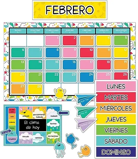 Carson Dellosa Happy Place 139-Piece Spanish Classroom Calendar Set, Bulletin Board Cutouts with Monthly Spanish Calendar, Spanish Days of The Week Chart for Classroom, Spanish Classroom Decorations