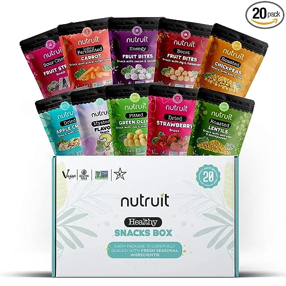 Nutruit Gourmet Healthy Snack Box (20 Packs) - 1 Mystery Flavor, Vegan, Gluten-Free, No Sugar Added, Non-GMO, High Fiber, Plant-Based Protein, Low Calorie, 10 Delicious Flavors, Perfect Snack Gift Box for Health-Conscious Individuals 1.2oz Packs