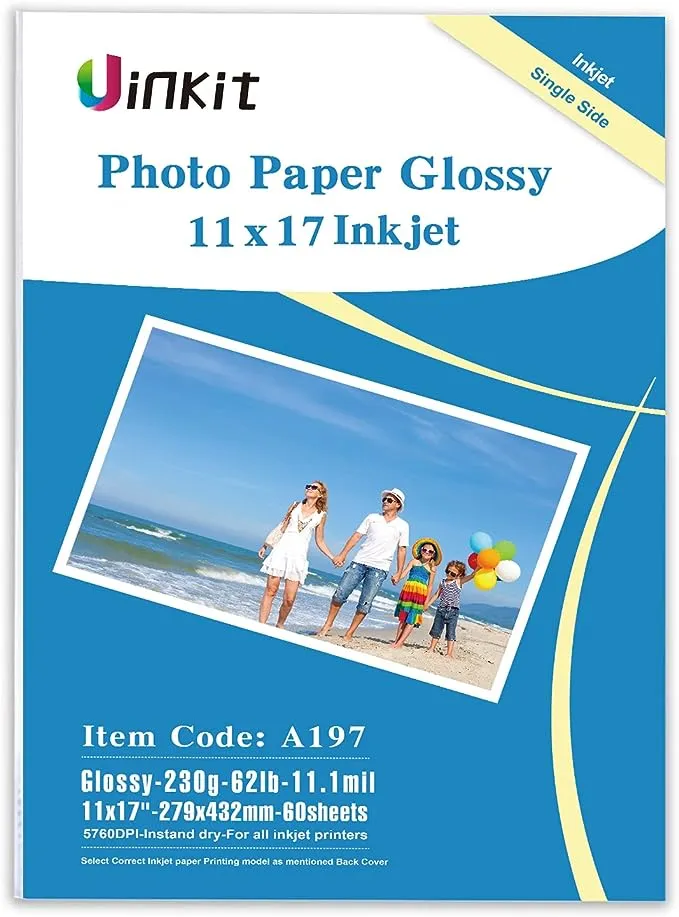 Uinkit 11 x 17 Thick Photo Paper Glossy 11x17 60Sheets 62lb Inkjet Heavyweight 230gsm Gallery show Brochure Pictures Funeral Bulletin Obituary Papers Obituaries Gloss Papers