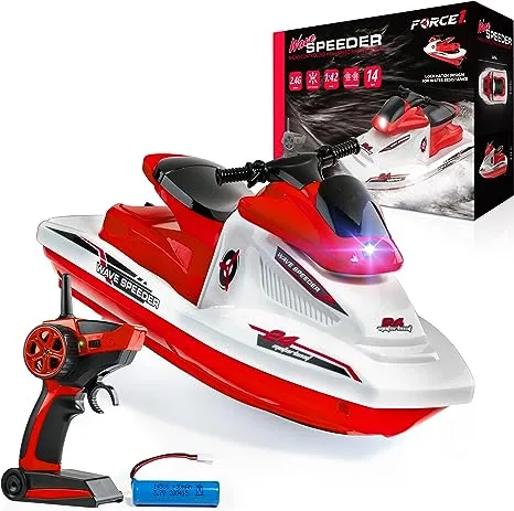 Force1 Wave Speeder RC Boat for Kids - Remote Control Boat for Pool Water or Lake Play, Mini RC Boat Toy with Remote Kids Motor Boat, Rechargeable Battery, Dual Motor, USB Charger, 2.4GHz Remote (Red)