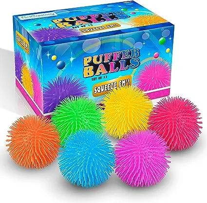 ArtCreativity Puffer Balls - Pack of 12 - Spiky, Soft and Squeeze Stress Relief Balls for Kids and Adults - Calming Sensory Balls for Autistic Children, Birthday Party Favors for Boys and Girls