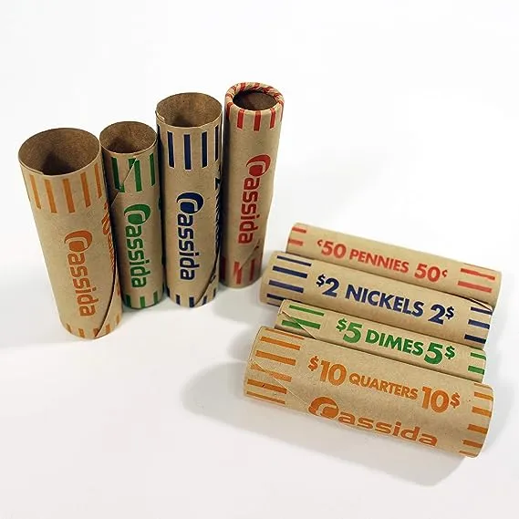 Cassida Preformed Coin Roll Wrappers. 100 Assorted Pack (Penny, Nickel, Dime, Quarter) Durable Preformed Paper Tubes Crimped on One End - Federal Reserve and ABA Standards (A-CWAP)