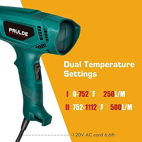 PRULDE Dual Temperature Settings 752 -1112 Deg F Heat Gun, Hot Air Gun Kit with 4 Nozzles for Crafts, Shrink Wrapping/Tubing, Paint Removing