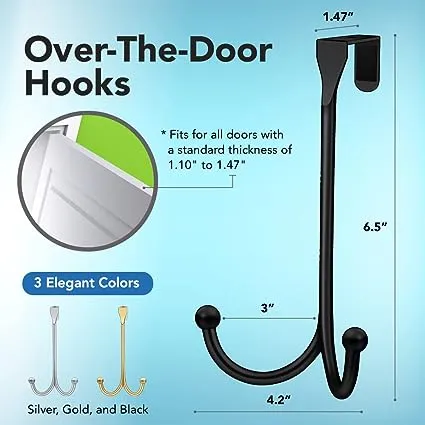 LEVAF 2-Pack Over The Door Hooks - with 2 Hang Heads & Snug Fit Pads Heavy Duty Hook for Hanging Coats, Towels, Caps & Robes - Elegant Matt Finish - No Drill Hanger Organizer - Black