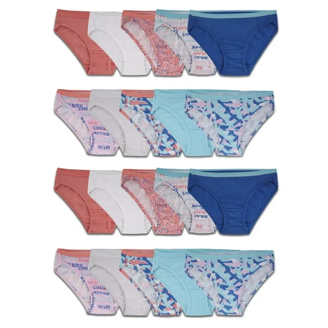 Fruit of the Loom Girls Cotton Bikini Underwear, 20 Pack Panties Sizes 4-16