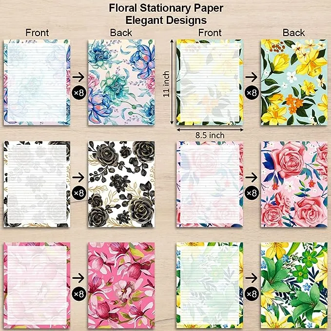 Paper Master Floral Stationary set, Lined Stationary paper 8.5x11 inch, Cute Stationary Paper and Envelopes set 48 Sheets Stationery paper+24 Envelopes