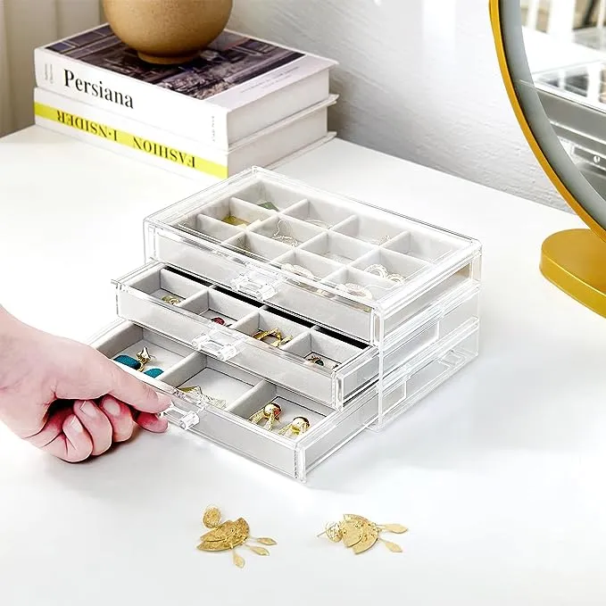 ProCase Earring Holder Organizer Jewelry Box with 3 Drawers, Acrylic Clear Earring Case with Adjustable Velvet Trays for Women - Warmwhite, 3 Layers