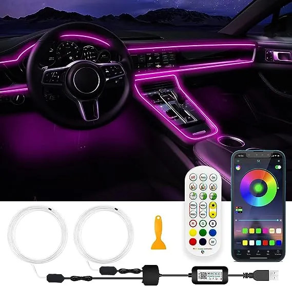 SAMGCHI USB Car LED Lights, Interior Car Lights Strip with App and RF Remote Control, 2 in 1 Car Ambient Lighting with 157 Inches Fiber Optic Music Sy