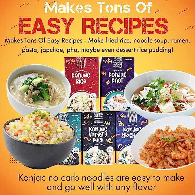 Fusion Select 8 Packs Variety Pack Organic Konjac Noodles - Shirataki Rice, Angel Hair, Spaghetti, Knots - Vegan, Paleo, Keto Friendly Pasta Noodles - Zero Gluten, Low Calorie, Low Carbs Noodles