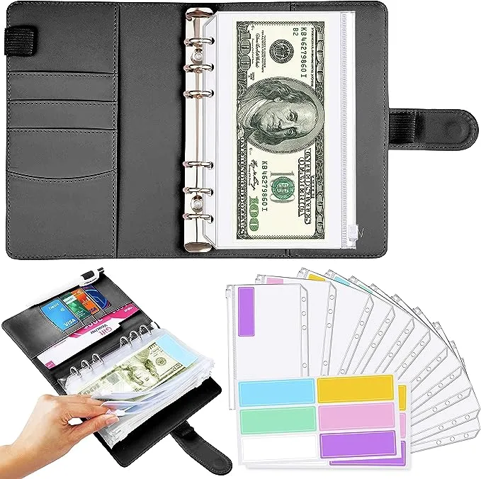 Black A6 Binder and 12 Clear Envelopes, Budget Binder and Cash Envelopes for Budgeting, Mini Binder Pockets Cash Envelope Wallet, Small Binder Budget Planner Cash Envelope Binder with Budget Envelopes