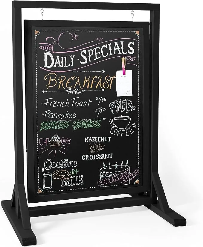 Ilyapa Rustic Double Sided Swinging Chalkboard Sidewalk Sign - Black Magnetic A Frame Alternative Menu Board Sandwich Board Message Sign